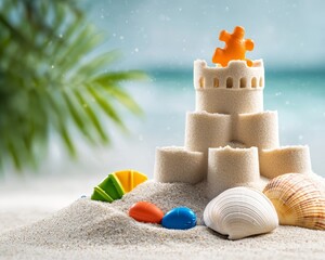 Child s sandcastle creation with seashells and colorful toys, evoking the joy of building at the beach