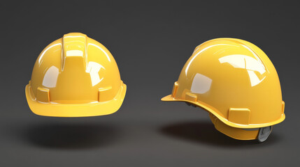 This 3D realistic illustration features a protective yellow helmet, designed for workers in various fields such as industry, construction, service, engineering, and architecture. The helmet is rendere