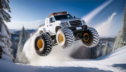 Wall Mural - White monster truck on snow covered mountain