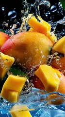 Wall Mural - Fresh Mango Splashing in Water  Tropical Fruit  Summer Drink  Healthy Food  Refreshing