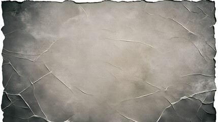 Grunge empty creased paper texture with torn edges frame and faded vignette border. Dirty distressed vintage 8k 16:9 weathered old wrinkled photo background. Retro transparent overlay. 3D rendering.