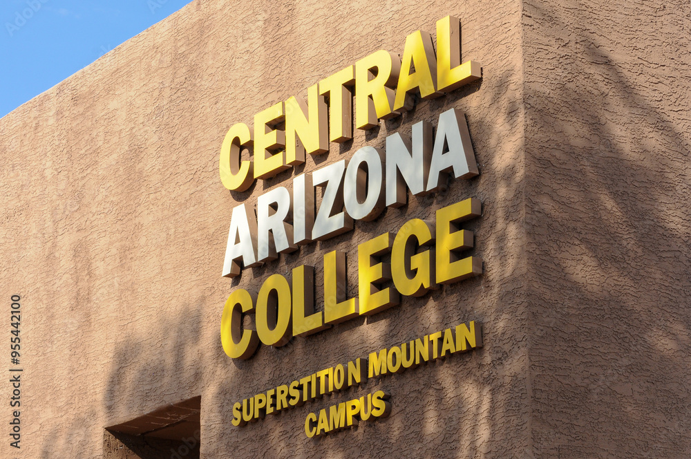 Exterior Central Arizona College sign with yellow and white lettering ...