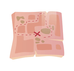 Flat vector illustration of an old treasure map with a marked path leading to a destination point The map is depicted in pink and brown tones with dashed lines