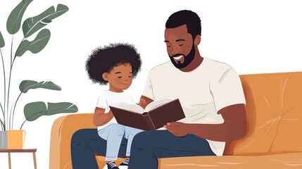 Illustration of a father and child reading together on a sofa, depicting quality family time.