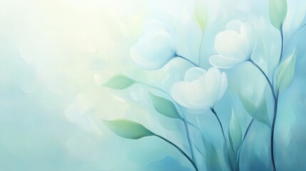 Wall Mural - A painting of three white flowers with green leaves on a blue background