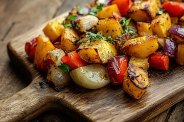 Wall Mural - Roasted Vegetables with Herbs on a Wooden Board