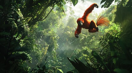 Wall Mural - Jungle Fantasy Illustration: Red monkey-toucan hybrid swings through lush foliage.