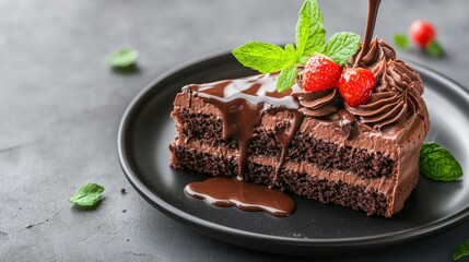 Wall Mural - A delectable slice of rich chocolate cake features a shiny milk chocolate drizzle on top, elegantly presented on a black plate atop a grey table