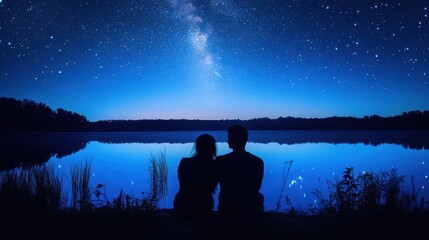 Wall Mural - Couple Gazing at Starry Night Sky Reflected in Serene Lake