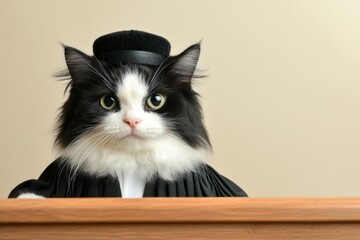 elegant black and white cat in judge costume with gavel on wooden table