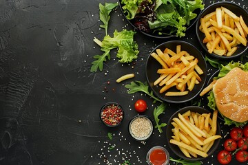 French fries, salads and pastries with sesame seeds on a black table