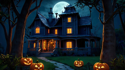 Halloween Spooky night House Full Moon Over Haunted Graveyard background