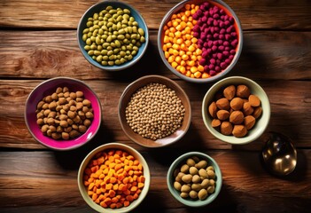 vibrant colorful bowls nutritious pet food presented attractive display pets, healthy, ingredients, meal, treat, animal, dish, design, appetite, cuisine