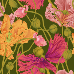 Graphic pattern with floral flowers, leaves and plants. Pattern can be used for wallpaper, home decor, card, invitation, packaging, poster, magazine, cover, case, fabric, and more.