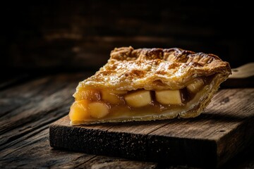 Canvas Print - A Slice of Homemade Apple Pie on a Rustic Wooden Board