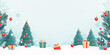 © Kafka - Light blue background with cartoon Christmas trees, ornaments, gifts, room for text