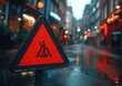 © Ihor - A construction warning sign stands in a wet street in the evening