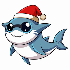 Sticker - Playful Christmas Baby Shark in Santa Hat & Sunglasses – Vector Clipart on White Background