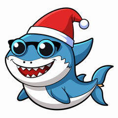 Sticker - Playful Christmas Baby Shark in Santa Hat & Sunglasses – Vector Clipart on White Background