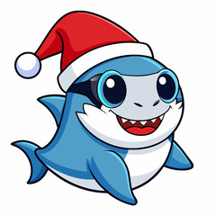 Sticker - Playful Christmas Baby Shark in Santa Hat & Sunglasses – Vector Clipart on White Background