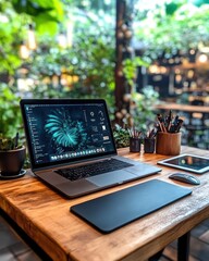Poster - Creative home office setup featuring a sleek laptop, stylish desk, organized workspace, vibrant decor, and a cozy atmosphere.