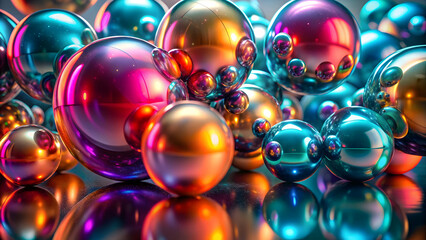 Poster - Abstract Sphere Symphony: A mesmerizing collection of iridescent spheres in vibrant hues of blue, pink, and gold, arranged in a captivating composition that evokes a sense of abstract art and playful 