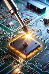 Poster - Microchip Ignition:  A soldering iron sparks to life, igniting a central processing unit (CPU) in a burst of golden energy, symbolizing technological innovation and power. 