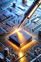Poster - Microchip Ignition:  A soldering iron sparks to life, igniting a central processing unit (CPU) in a burst of golden energy, symbolizing technological innovation and power. 