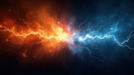 electrifying fire and ice: dramatic lightning clash of orange and blue energy - abstract storm backg