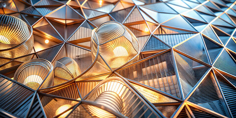 Poster - Golden Geometry: A mesmerizing spectacle of intricate metallic triangles, illuminated by a warm, inviting glow