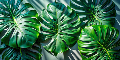 Sticker - Tropical Leaf Patterns: A captivating close-up of lush, green Monstera leaves, bathed in soft, dappled sunlight, showcasing the intricate veins and textures of nature's artistry.  