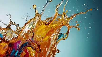 Poster - Liquid Energy Explosion: A vibrant burst of orange, red, and blue liquid frozen in time, capturing the raw power and beauty of a dynamic splash. 