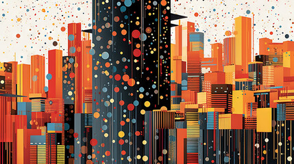 Aufkleber - Visually striking cityscape with warm hues, digital effects, and abstract urban skyline