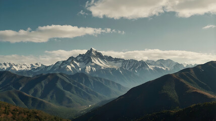 Wall Mural - Majestic Mountain Range: A breathtaking panoramic view of a snow-capped mountain range, reaching towards a vibrant blue sky, with fluffy white clouds floating across the horizon. The majestic scenery 