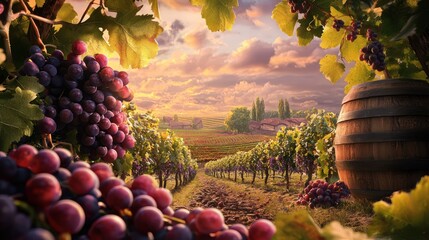 Wall Mural - Red Wine with Grapes: Scene set in a vineyard during harvest, emphasizing winemaking.