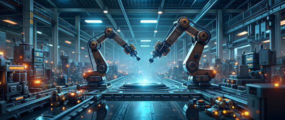 Poster - Robotic arms working in a futuristic automated factory