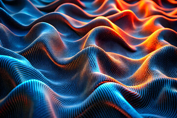 Poster - Digital Inferno: A mesmerizing 3D render of fiery orange and electric blue waves, intertwining in a captivating dance of energy and light. 