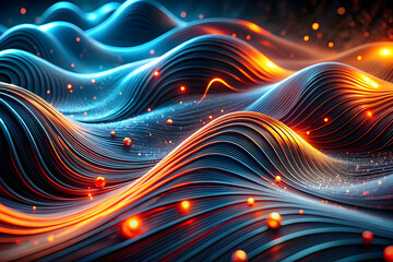 Poster - Digital Inferno: A mesmerizing 3D render of fiery orange and electric blue waves, intertwining in a captivating dance of energy and light. 