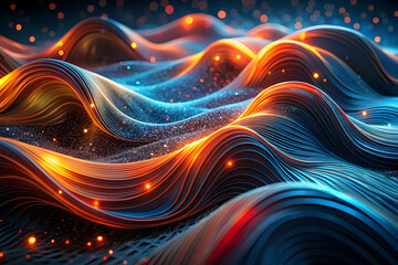 Poster - Digital Inferno: A mesmerizing 3D render of fiery orange and electric blue waves, intertwining in a captivating dance of energy and light. 