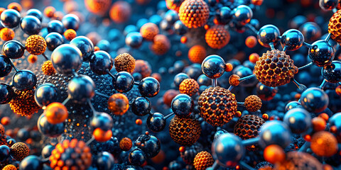 Poster - Abstract Metallic Spheres:  A mesmerizing abstract background with metallic spheres, some smooth, some textured, interconnected in a complex network. A perfect backdrop for technology, science, or des