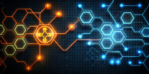 Poster - Digital Synergy: A futuristic network of glowing hexagons interlinked, signifying connectivity, innovation, and the flow of data. 