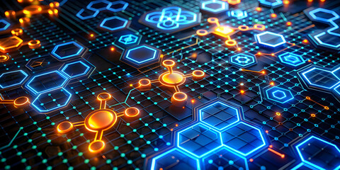Poster - Futuristic Circuitry: A mesmerizing abstract illustration of a futuristic circuit board, featuring glowing blue and orange hexagons and interconnected nodes, representing the intricate workings of tec