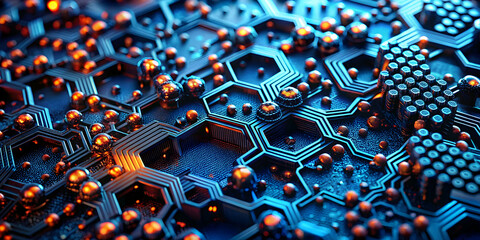 Poster - Cybernetic Symphony: A mesmerizing close-up of intricate circuitry, illuminated in vibrant blue and orange hues, highlighting the complex beauty of modern technology. 