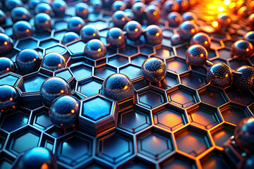 Abstract Digital Landscape: A mesmerizing digital landscape of interconnected spheres and hexagonal patterns, rendered in a futuristic and abstract style.  The spheres appear to pulsate with a soft gl