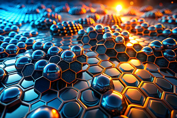Poster - Abstract Hexagon Sphere Landscape: A captivating 3D rendering showcases a mesmerizing landscape of interconnected hexagonal structures adorned with reflective spheres. 