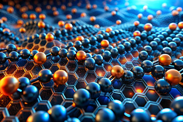 Poster - Abstract Digital Landscape: A mesmerizing digital landscape of interconnected spheres and hexagonal patterns, rendered in a futuristic and abstract style.  The spheres appear to pulsate with a soft gl