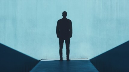 Wall Mural - a person standing on a bridge, half in shadow, half in light, symbolizing the transition from depres