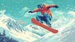 © design master - Snowboarding illustration with a man jumping against a snowy mountain backdrop, promoting winter sports.