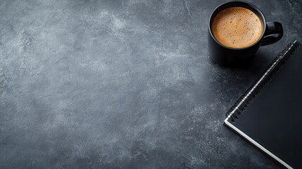 A professional desk setup with a spiral-bound notebook and coffee cup on a black textured surface, offering a blend of modern efficiency and simplicity.