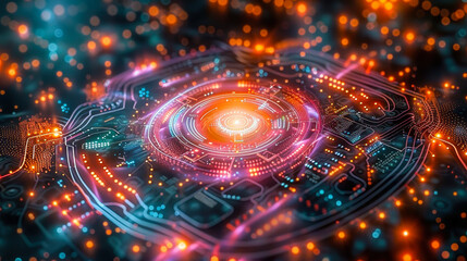Poster - Futuristic Quantum Computer Processor with Qubit Technology and Intelligent Computing Visualized in Vibrant Neon Lights, Night Setting